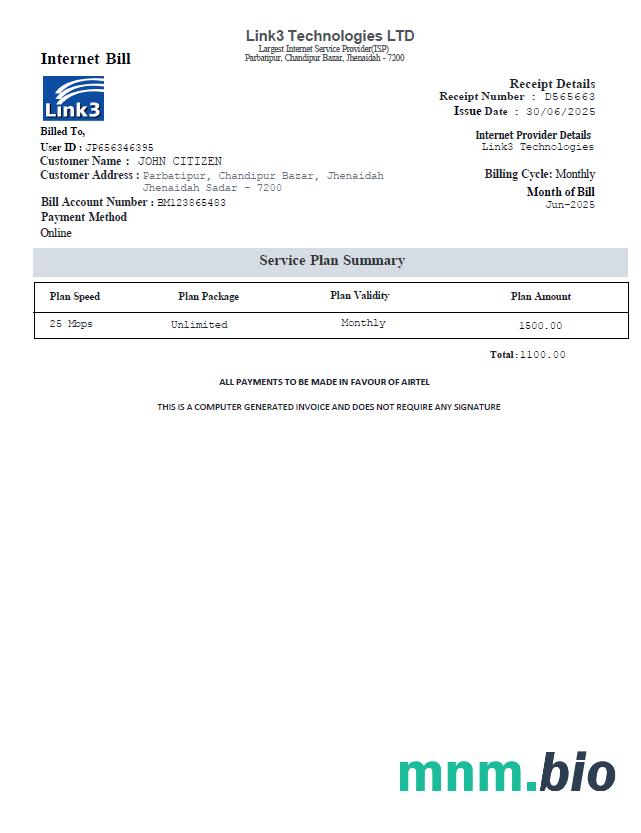 Bangladesz Link3 Technologies LTD szablon rachunku za media w formatach Word i PDF